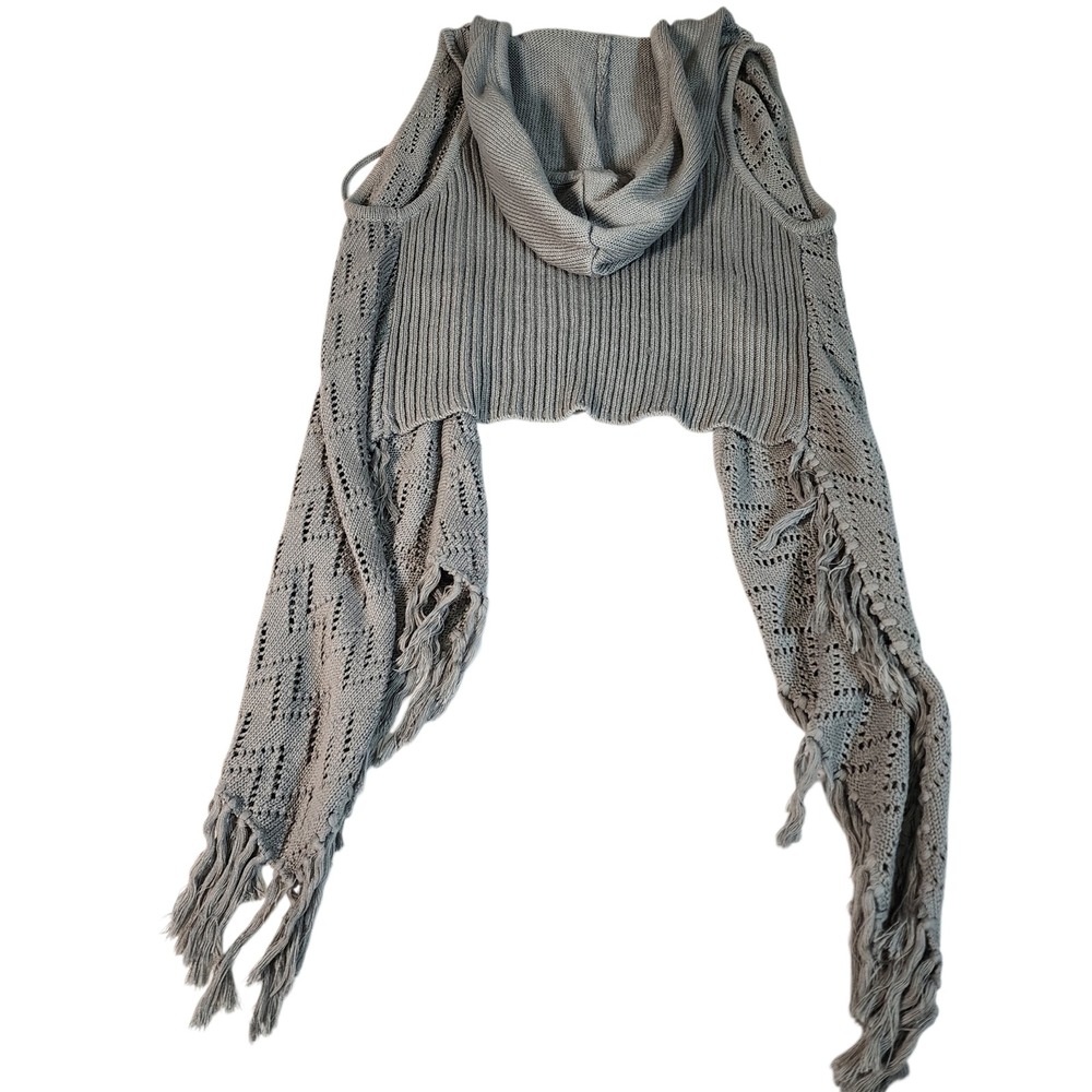DECREE‎ Gray Crochet Knit Hooded Fringe Vest Cardigan Women's M M - Picture 8 of 10